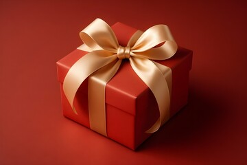 Obraz premium Red Luxury Gift Box with Champagne-Gold Satin Bow on Monochrome Red Background — Elegant 3D Still Life with Copy Space for Holiday Marketing