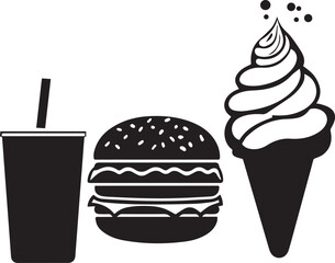 Burger cold drink ice cream silhouette vector black and white
