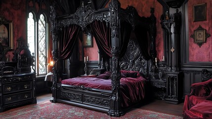 The interior of a luxurious hotel room showcases classic furniture, a plush bed, and elegant window curtains