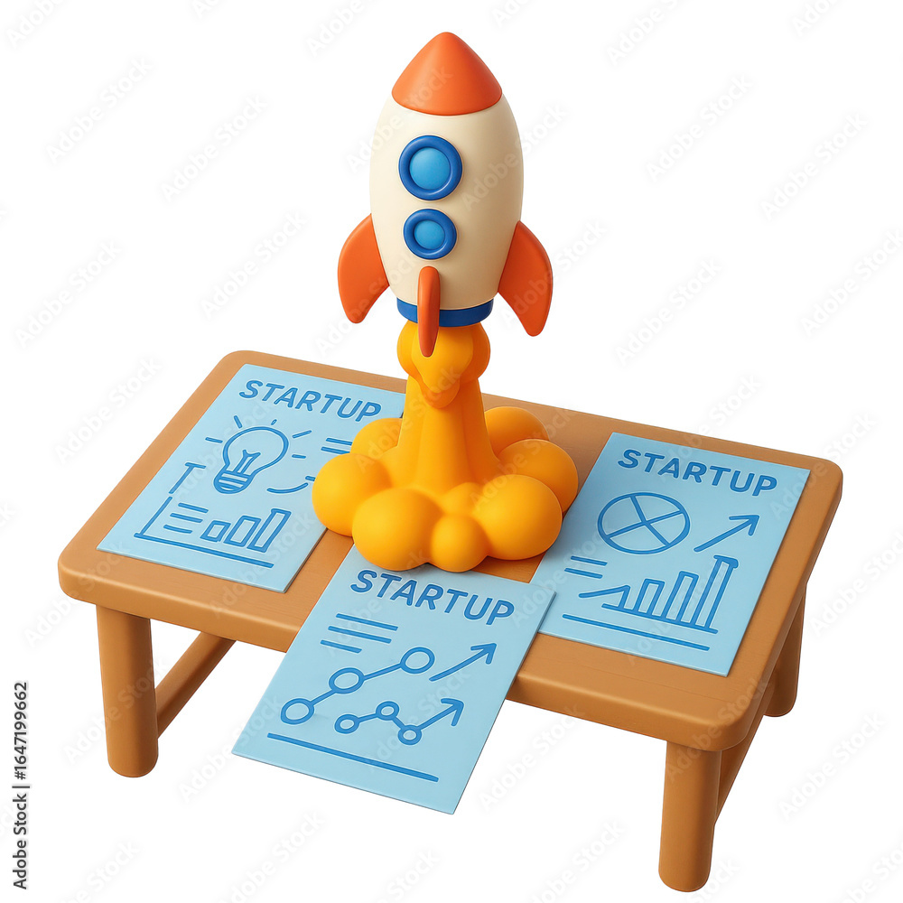Poster innovation lab startup concept. a rocket model on a table with startup plans.