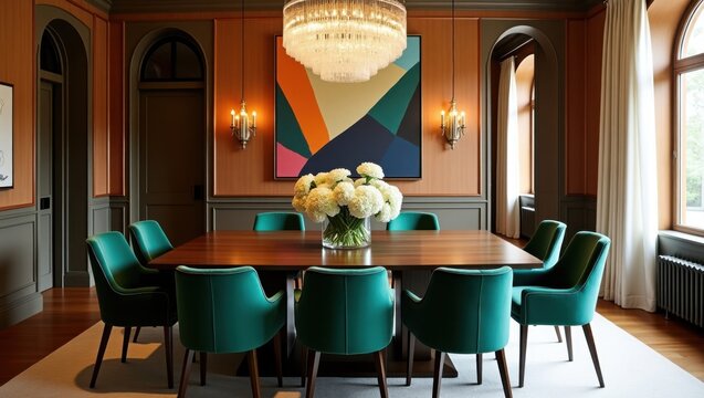 Elegante comedor con gran mesa de madera, sillas de terciopelo, candelabro de cristal, arte moderno, flores frescas y luz solar entrando a raudales