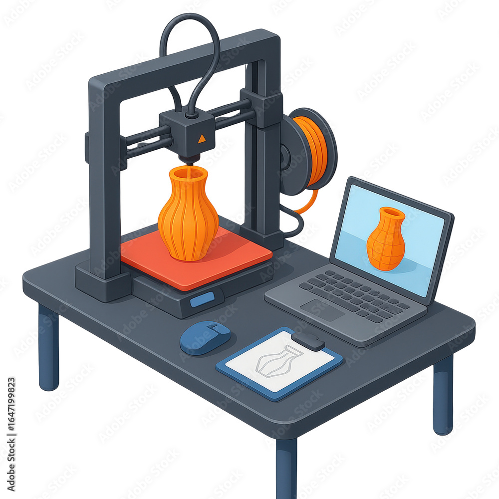 Poster innovation lab startup concept. 3d printer creating a vase with a laptop display nearby.