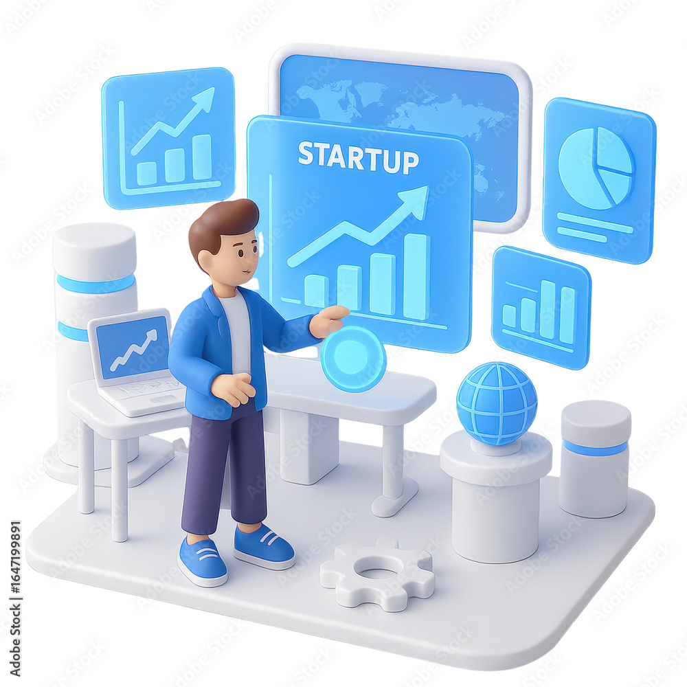 Aufkleber innovation lab startup concept. a 3d illustration of a person analyzing data graphs for a startup.
