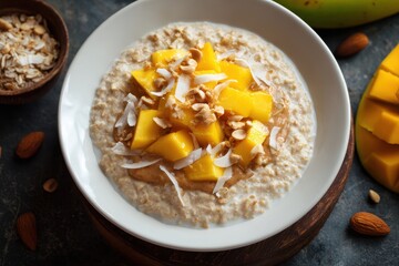 Honey Mango Oatmeal with Coconut Cream in White Bowl. Vegan Breakfast Concept with Nuts
