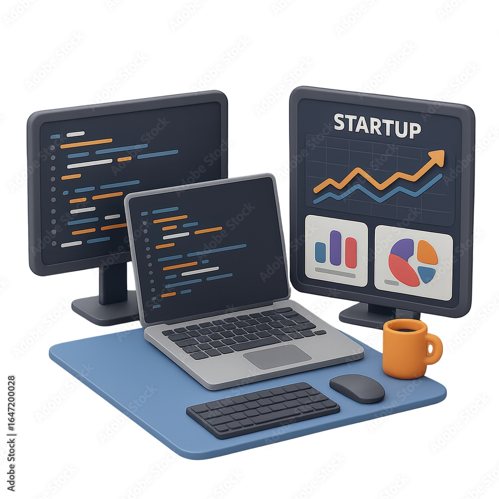 Poster innovation lab startup concept. modern workspace with multiple screens and coffee cup.