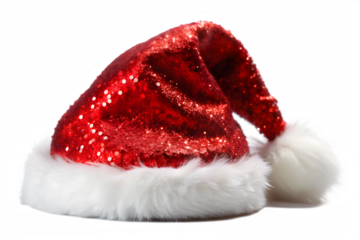 A sparkling red santa hat adorned with sequins and white fur trim, featuring a fluffy pompom, isolated on a transparent background for festive holiday promotions