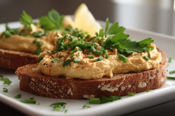Hummus Toast. Delicious and Fresh Chickpea Dip on Toast for a Healthy Lunch