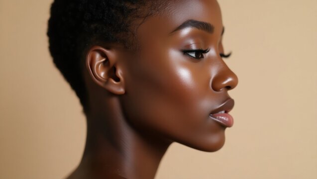 Retrato de vista lateral de una hermosa mujer negra que muestra m&uacute;ltiples tonos de maquillaje de base mezclados suavemente en su rostro