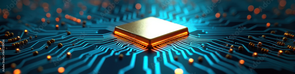 Poster panoramic view of a luminous gold microprocessor chip amidst a complex blue circuit board, represent