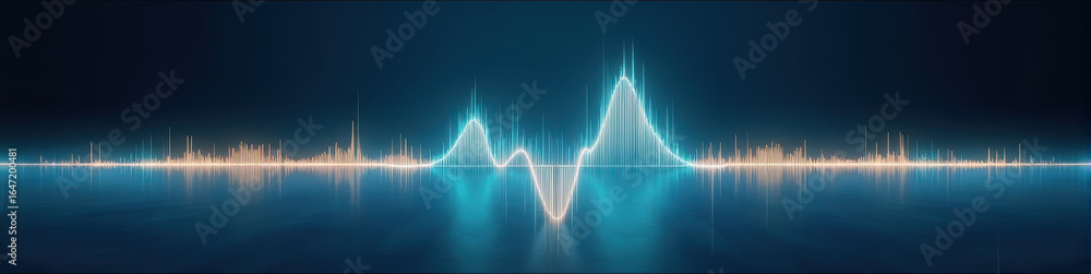 Poster glowing neon-gold audio waveform creating an energetic visual effect against a deep navy background,