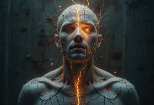 Imagen surrealista de un hombre con la piel agrietada que revela una luz interior, simbolizando la resiliencia, la curaci&oacute;n y la superaci&oacute;n de los desaf&iacute;os emocionales