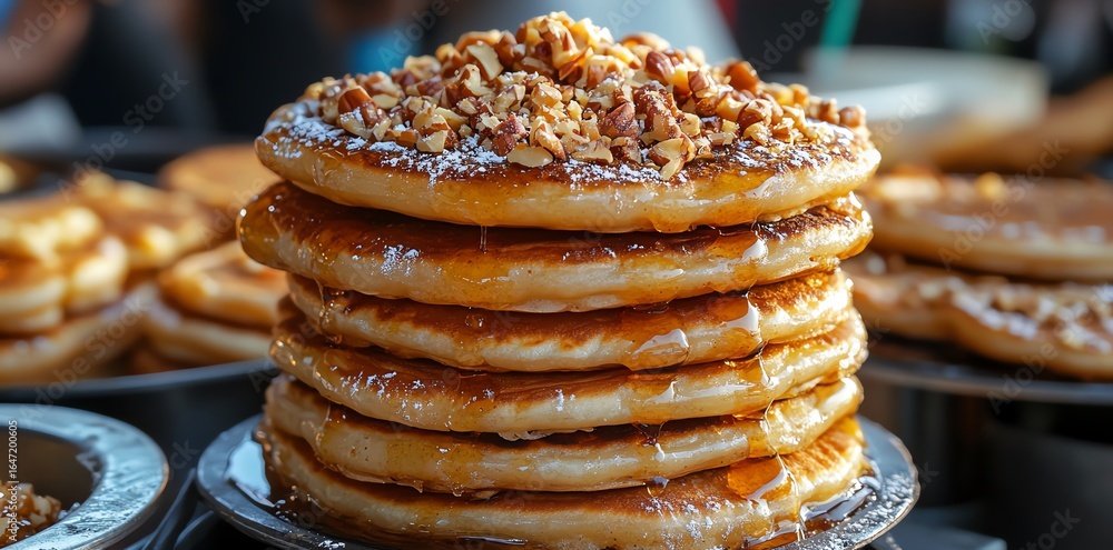 Poster stack of golden brown pancakes topped with nuts powdered sugar and maple syrup in bright setting