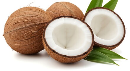 Fresh Coconuts with Tropical Leaves, Ready to Use