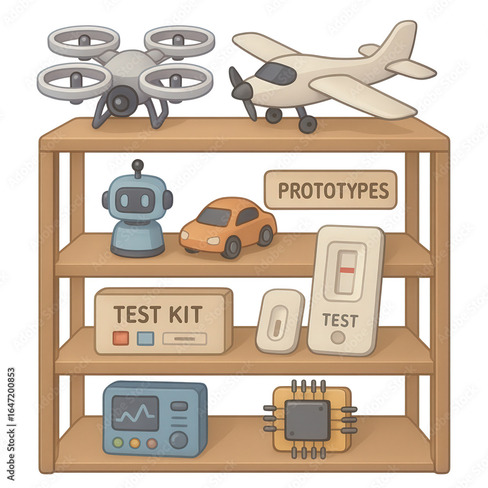 Poster innovation lab startup concept. prototype display with a drone, airplane, car, robot, and testing eq