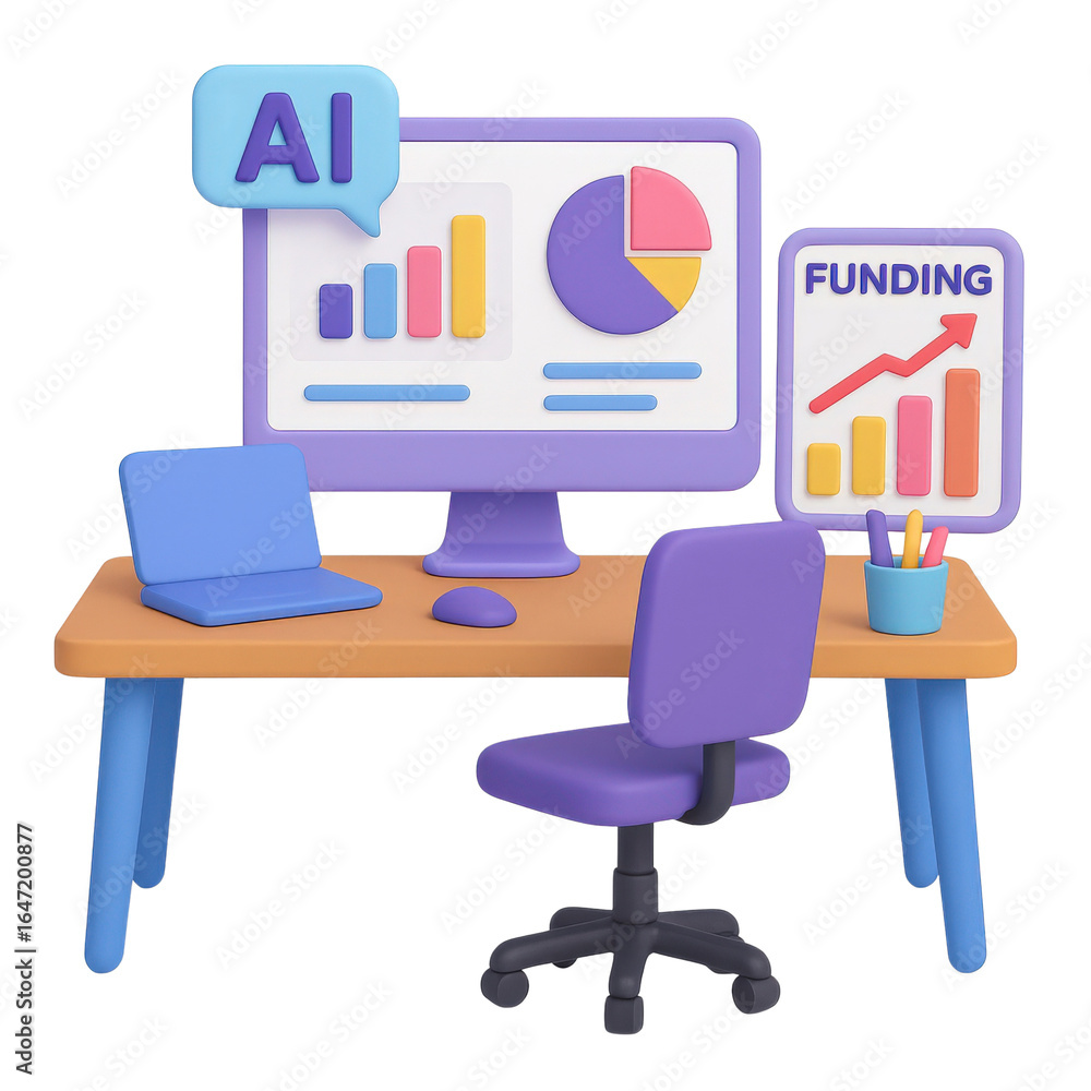 Aufkleber innovation lab startup concept. colorful desk setup featuring a computer and charts.