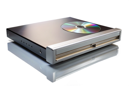 Silver cd dvd drive with disc on top reflecting light