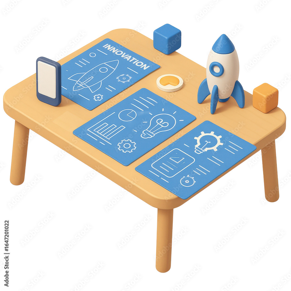 Aufkleber innovation lab startup concept. innovative workspace with a rocket and design elements.