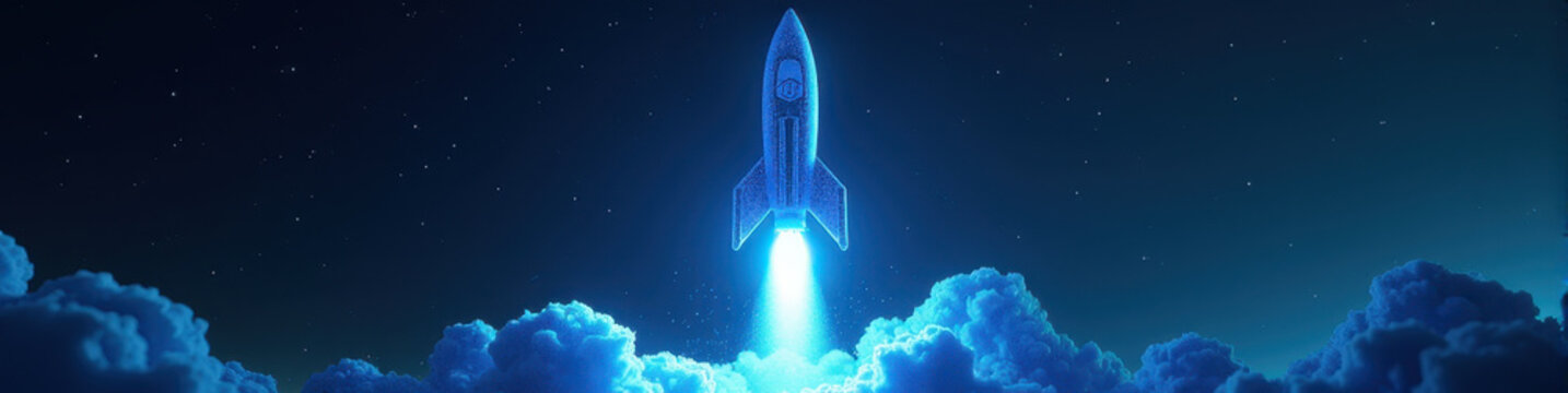 Glowing polygonal rocket launching into a star-speckled night sky with a bright cyan exhaust trail, symbolizing ambition and innovation. LinkedIn background, banner