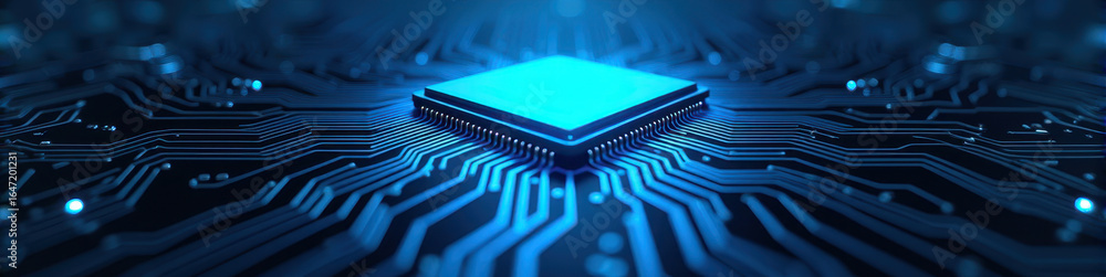 Aufkleber panoramic view of a glowing microprocessor chip on a high-density circuit board, futuristic technolo