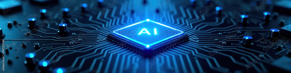 Poster glowing ai microchip on a dark circuit board, radiating blue light with intricate metallic patterns,