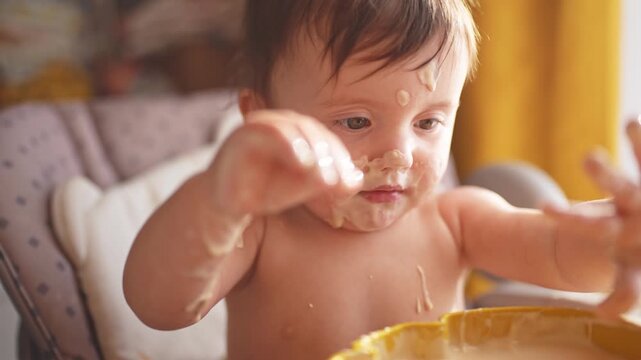 baby eats dirty. happy family a kid toddler concept. baby girl dirty sitting messing with food at the table lifestyle for feeding in the kitchen. grimy toddler in the kitchen