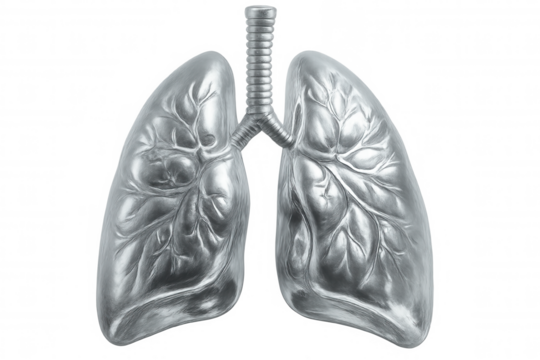 Medical anatomical silver lung model showcasing respiratory system anatomy, isolated on transparent background for healthcare graphic design