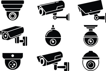 Security camera icons, CCTV surveillance, monitoring system, spy device, safety equipment, technology vector, flat design, black silhouette, modern protection, video monitoring