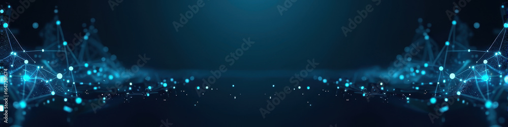 Poster tech molecular illustration of a glowing hexagonal network pattern against a deep navy background, i