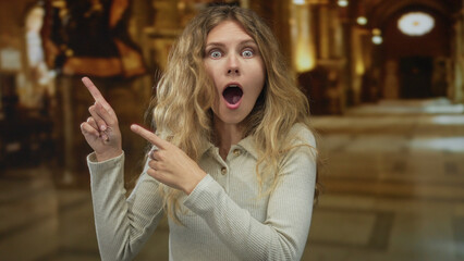 Fototapeta premium Woman raises her hand pointing toward hall displays while her blonde hair frames a young excited figure in a museum lobby with intricate architecture.