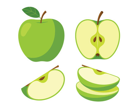 Vibrant green apples shown whole halved and sliced