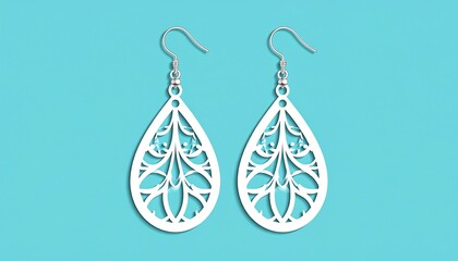 Elegant white teardrop earrings against a serene turquoise backdrop jewelry advertisement
