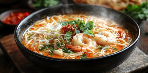 Bowl of Shrimp Vegetable Noodle Soup with Fresh Herbs in Black Bowl