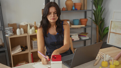 Woman writes in notebook beside laptop and smartphone among pottery tools on wooden table in...