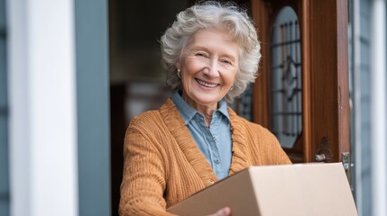 Happy Senior Woman Receiving Package at Home