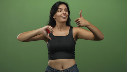 Hispanic woman in black tank top shows thumb up and thumb down hand gesture in green studio;...
