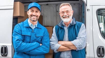 Smiling Delivery Men in Blue Uniforms Stand by Van