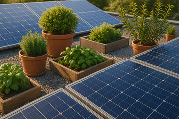 Side-angle shot of urban building with solar panels integrated into the roof alongside a vegetable garden
