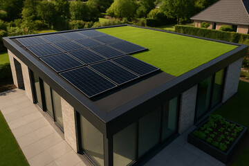 Drone view of an eco-friendly home with sleek black solar panels and a vibrant green rooftop lawn