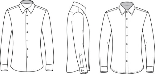 Men’s long sleeve button up shirt front side and back view, formal apparel template, detailed clothing outline, flat vector illustration