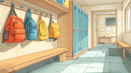 Messy Classroom. Empty School Hallway with Backpacks, Bags, and Benches in Bright Recreation Room