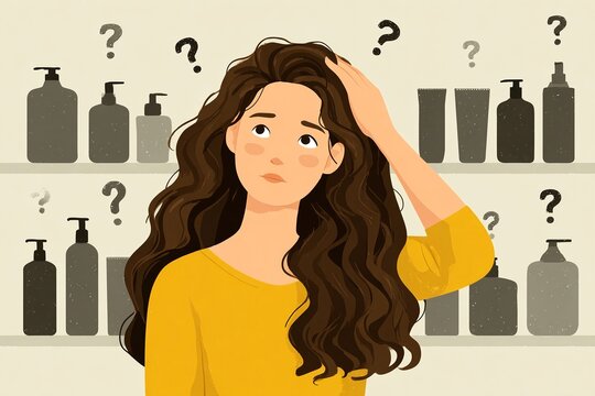 ILLUSTRAZIONE VETTORIALE DI UNA DONNA INDECISA SUI PRODOTTI PER CAPELLI