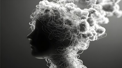 Abstract silhouette of human head filled with tangled wires or clouds. Concept : Mental health, anxiety, overthinking, emotional stress, cognitive overload, psychological struggle, abstract expression