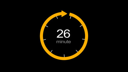 26 minutes isolated arrow clock illustration on white background.