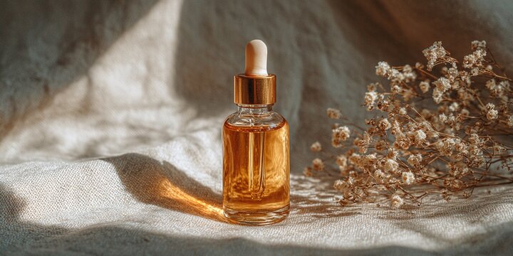 FLACONE DI VETRO AMBRATO CON CONTAGOCCE, FOTOGRAFIA DALL'ALTO