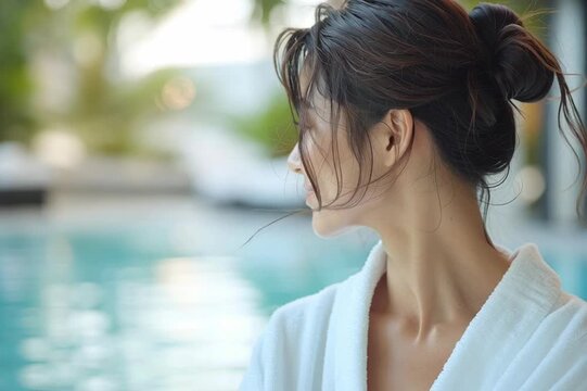 Beautiful Asian woman 35 years old  in white bathrobe against pool, spa day, me time 
