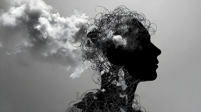 Abstract silhouette of human head filled with tangled wires or clouds. Concept : Mental health, anxiety, overthinking, emotional stress, cognitive overload, psychological struggle, abstract expression