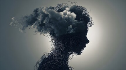 Abstract silhouette of human head filled with tangled wires or clouds. Concept : Mental health, anxiety, overthinking, emotional stress, cognitive overload, psychological struggle, abstract expression