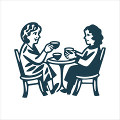 Two Friends Enjoying Tea, Simple Illustration Companionship Two seated figures tea cup