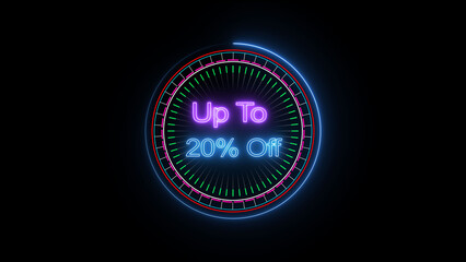 Up to 20% Off neon icon illustration. black background 4k illustration.