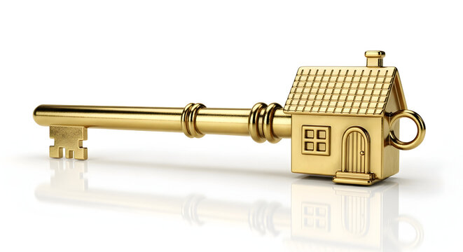  Golden House Key with Home-Shaped Bow, Real Estate and Property Concept - Powered by Adobe